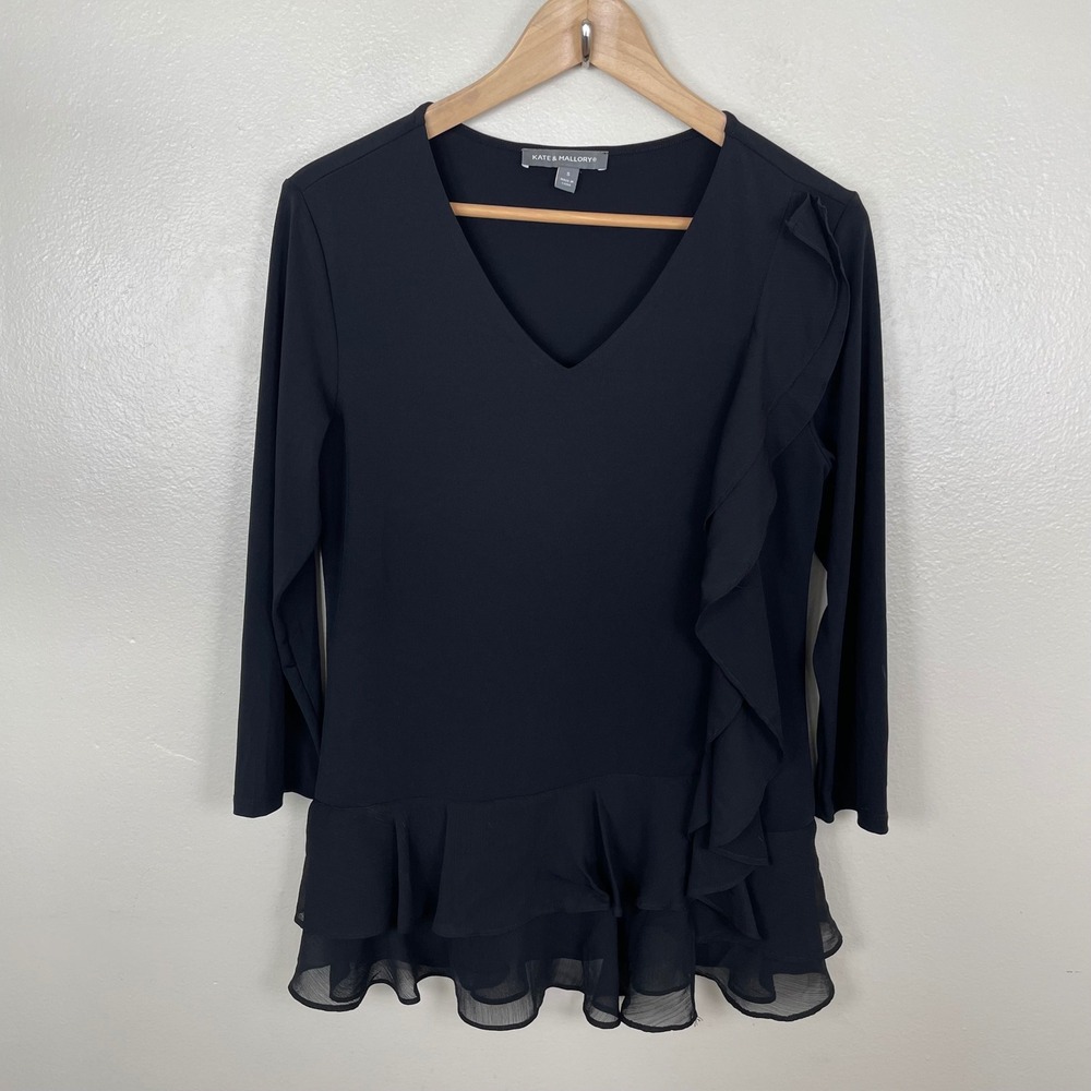 Kate & Mallory Women's S Blouse Black Ruffle V-Neck 3/4 Sleeve A466309